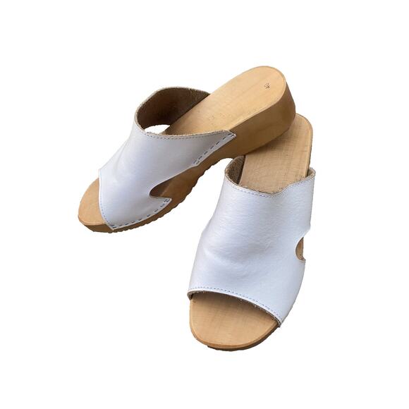 Women's Clogs Mules Sandals Open Toe Slip-On Sz 40,9.5White Leather Cut Out Wood - Picture 2 of 14